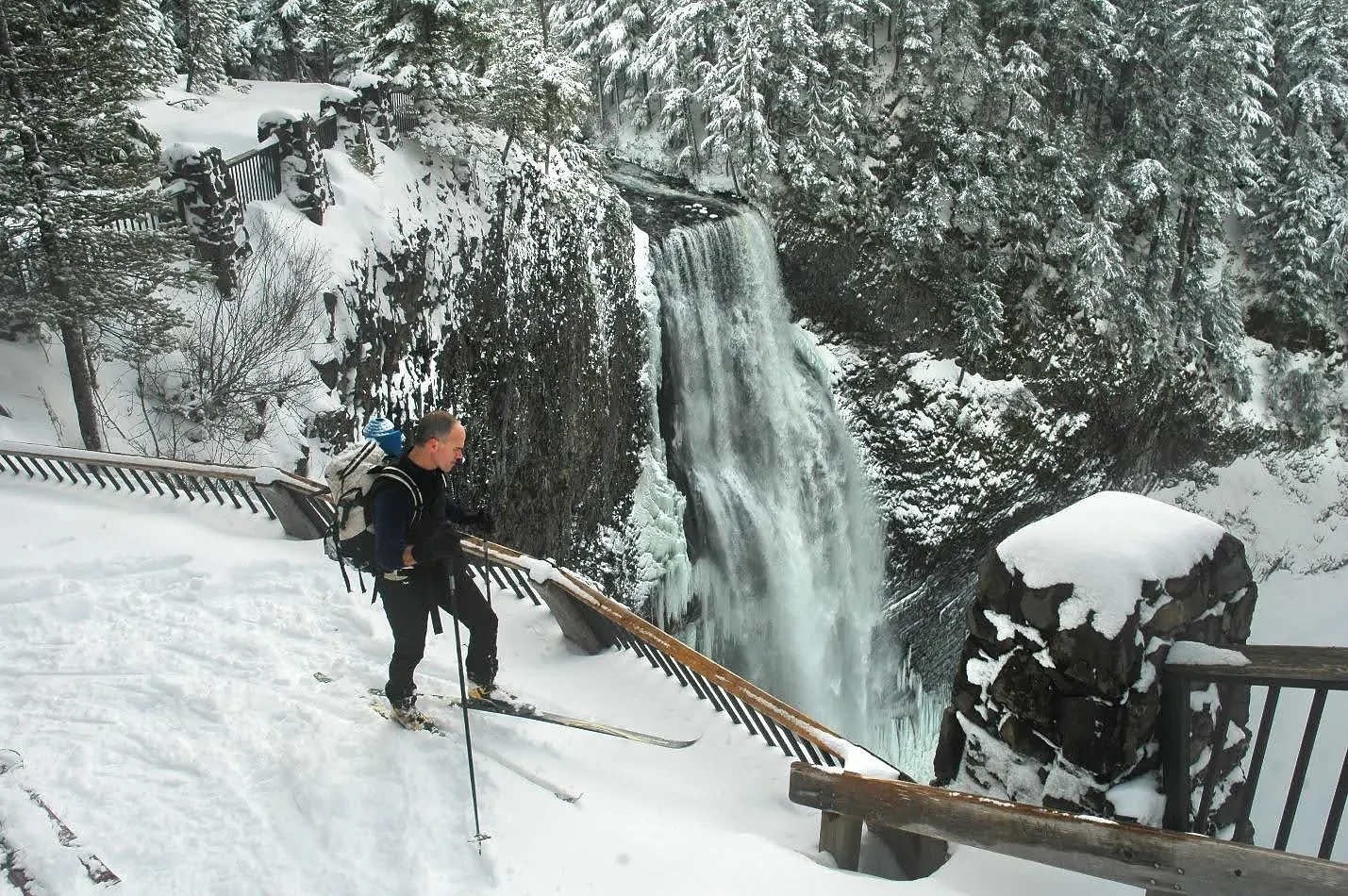 Snowshoe to two dramatic waterfalls, then cap the day with a steamy soak