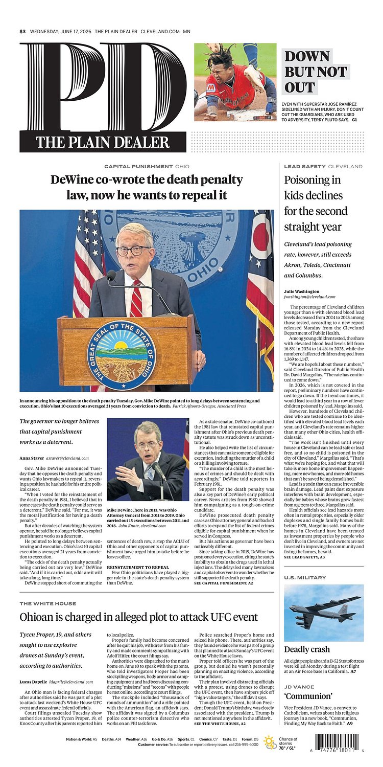 The Plain Dealer’s front page for June 17, 2026
