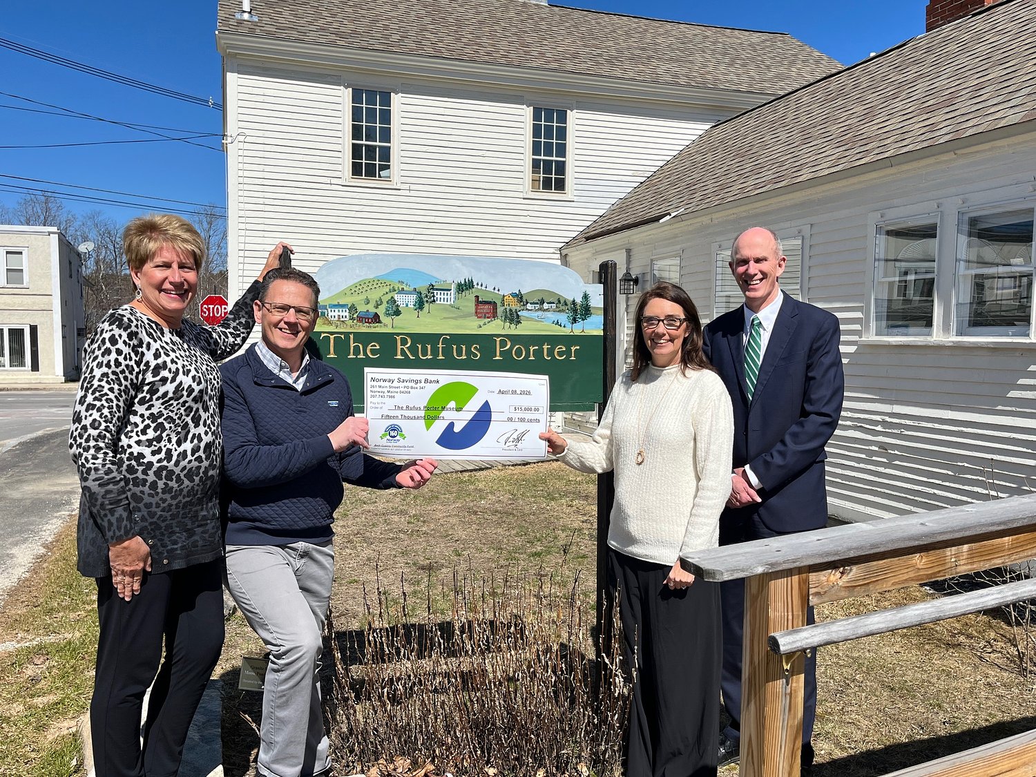 Norway Savings Bank presents $15,000 check to Rufus Porter Museum in honor of beloved Bridgton contributor
