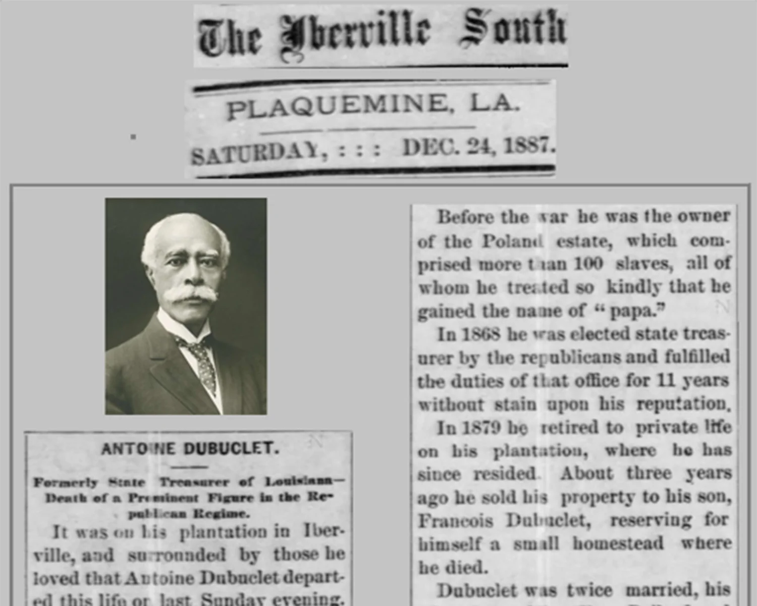 Antoine Dubuclet served three terms as state treasurer