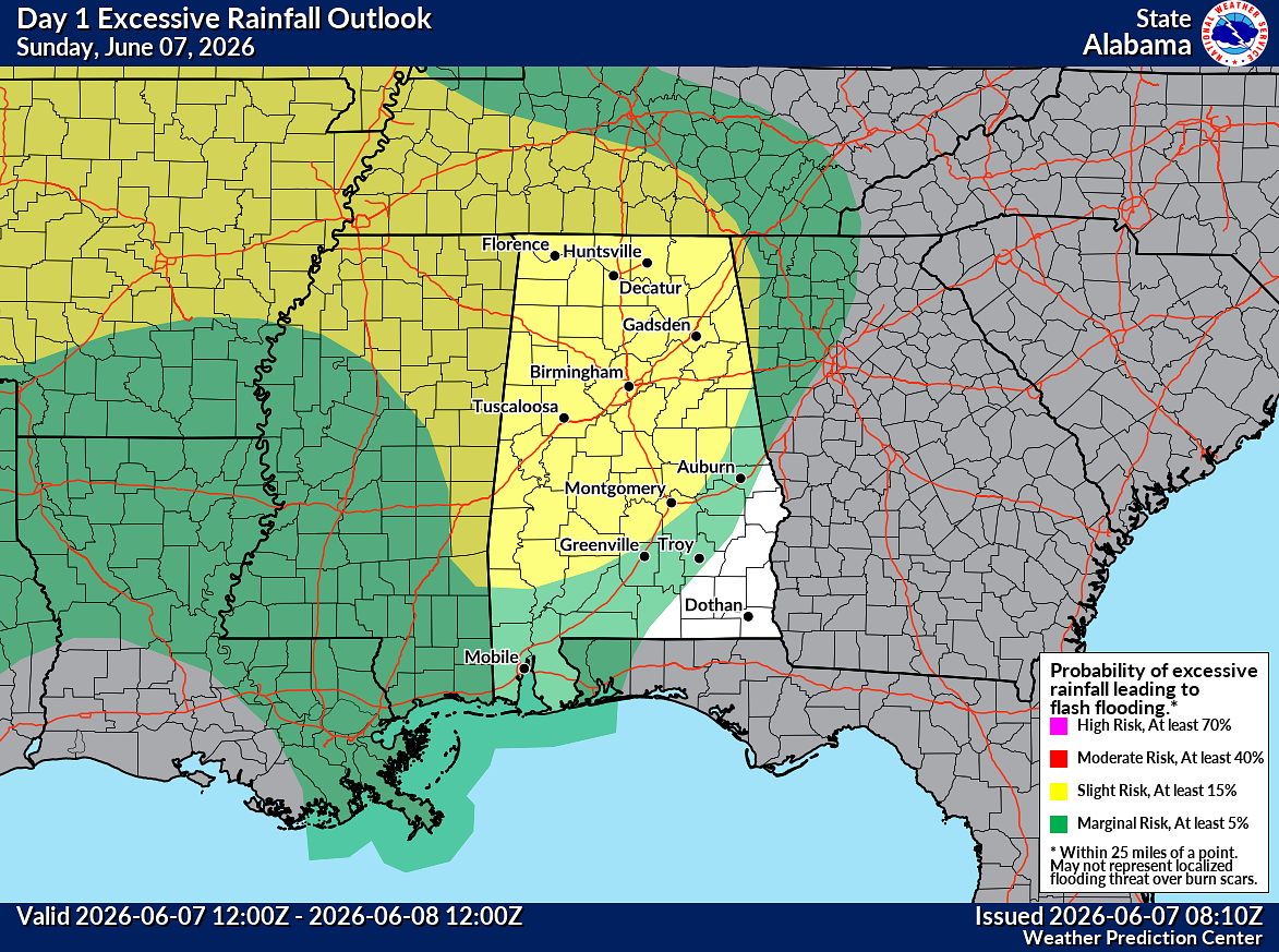 Flooding a concern in Alabama overnight; more rain possible Monday