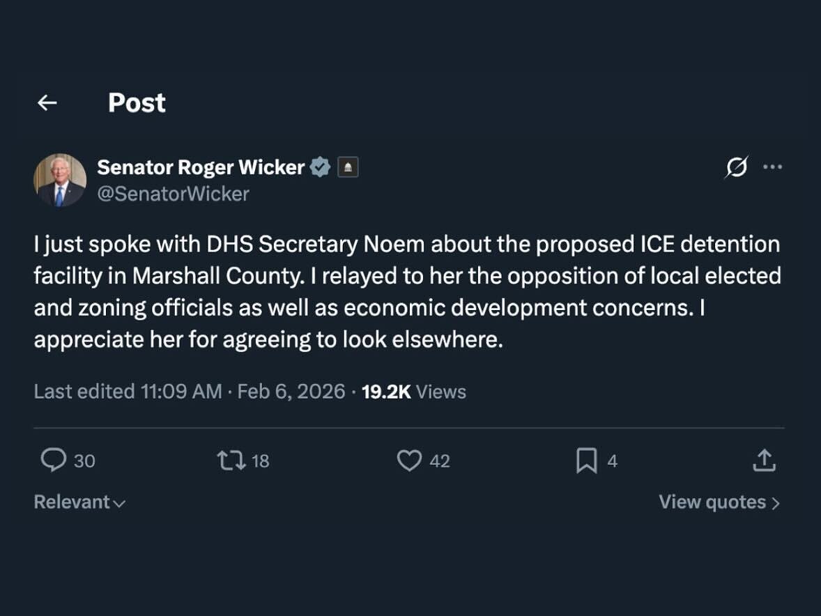 Byhalia ‘ICE warehouse’ deal is canned after chat with Noem, Wicker tweets