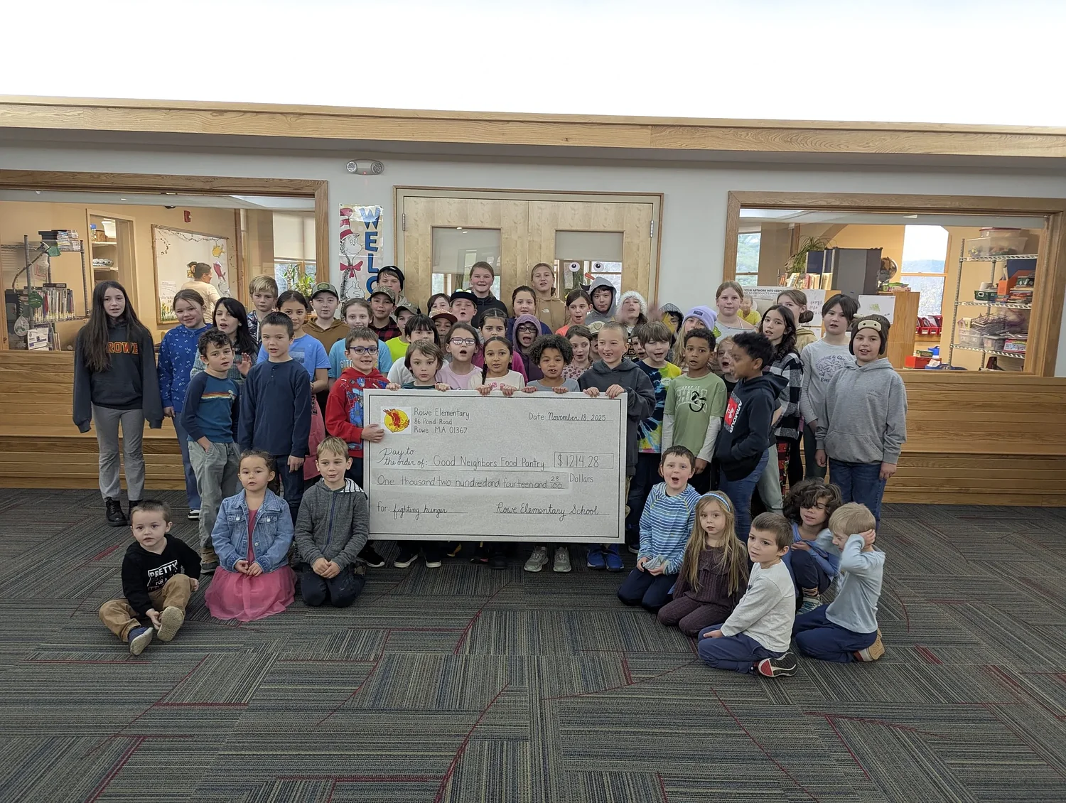 Rowe Elementary School’s penny war raises $1,214 for Good Neighbors Food Pantry