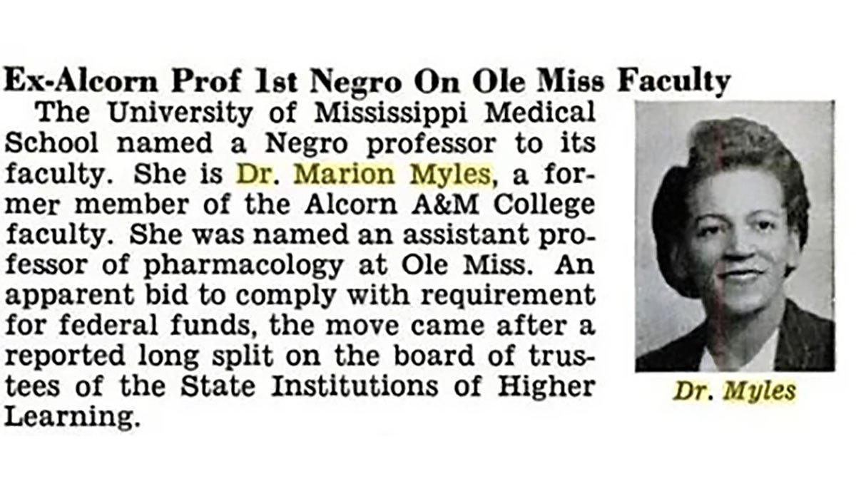 1965: Dr. Marion Myles became UMMC's first Black faculty member
