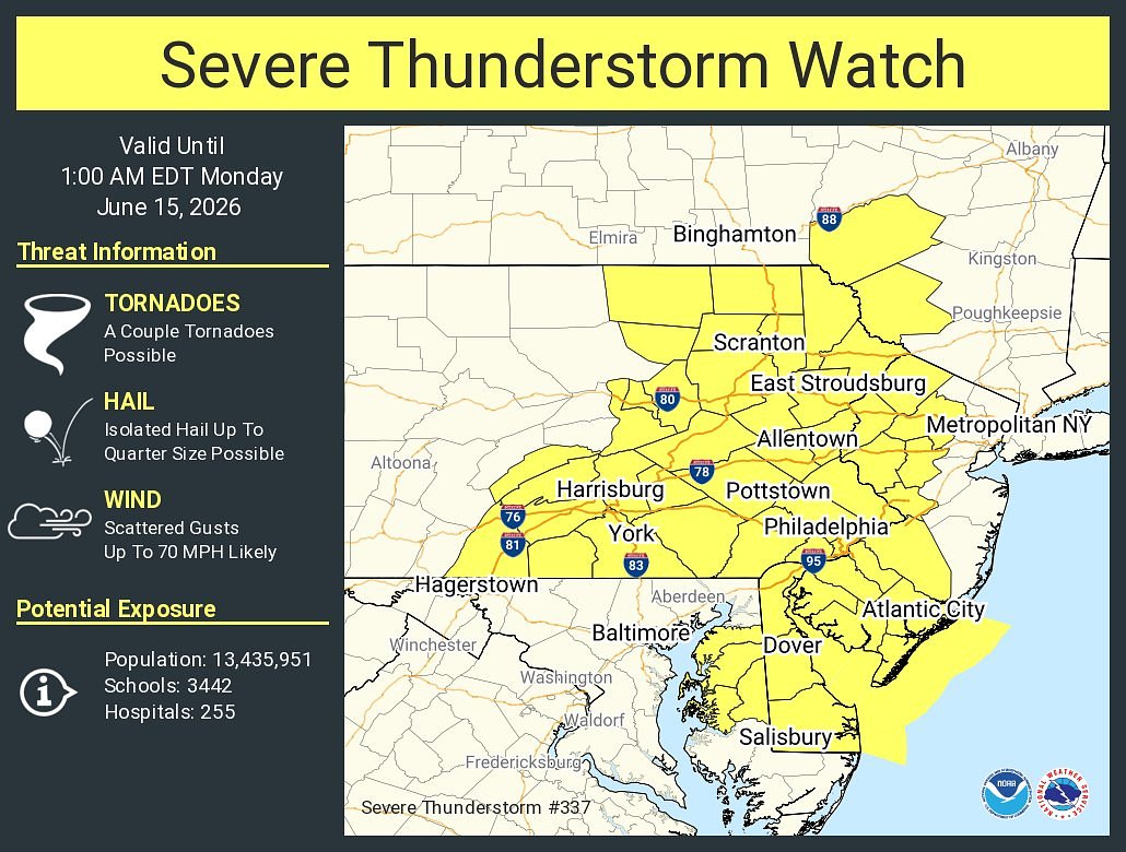 N.J. weather: Severe thunderstorm watch issued for 13 counties with strong storms, gusty winds expected Sunday night