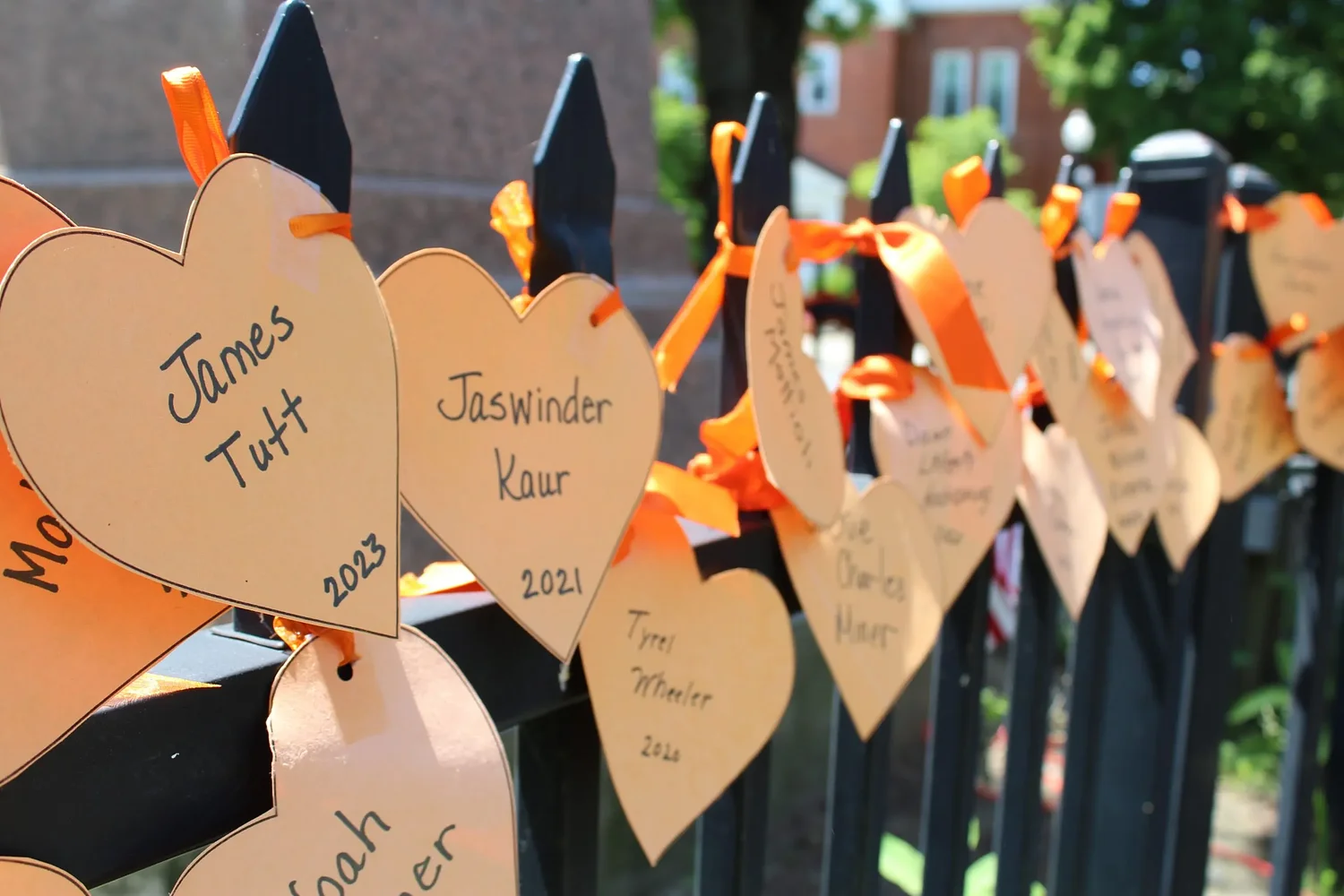 Leyden woman hangs orange hearts with gun violence victims' names in Greenfield for 10th year