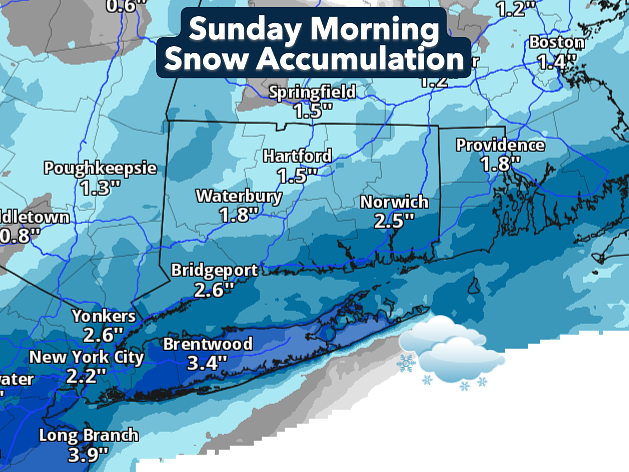 A snowy Sunday morning expected for most of Connecticut. Bitterly cold days will follow.