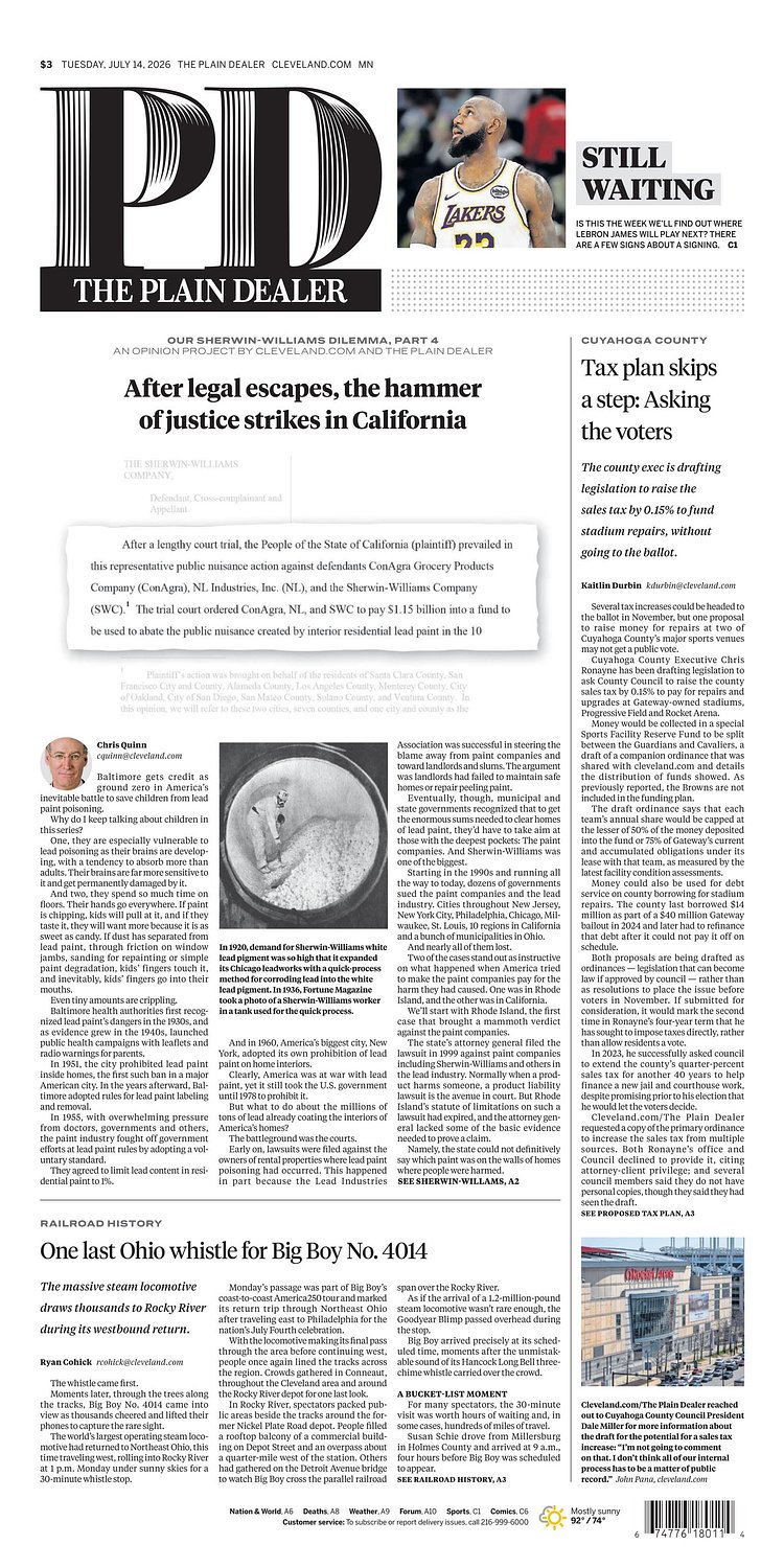 The Plain Dealer’s front page for July 14, 2026