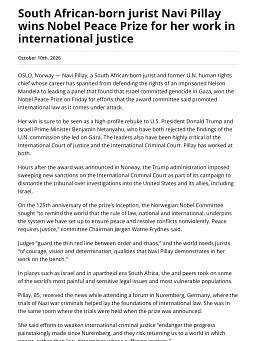 South African-born jurist Navi Pillay wins Nobel Peace Prize for her work in international justice