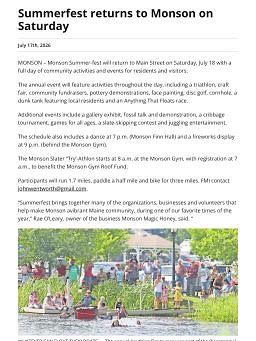 Summerfest returns to Monson on Saturday
