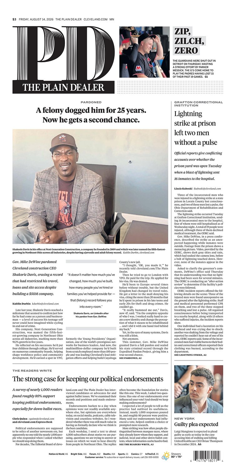 The Plain Dealer’s front page for August 14, 2026