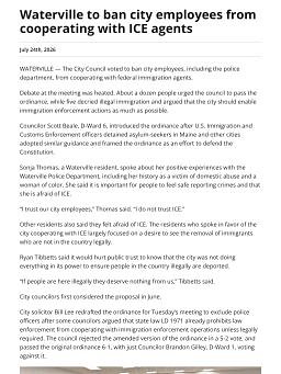 Waterville to ban city employees from cooperating with ICE agents