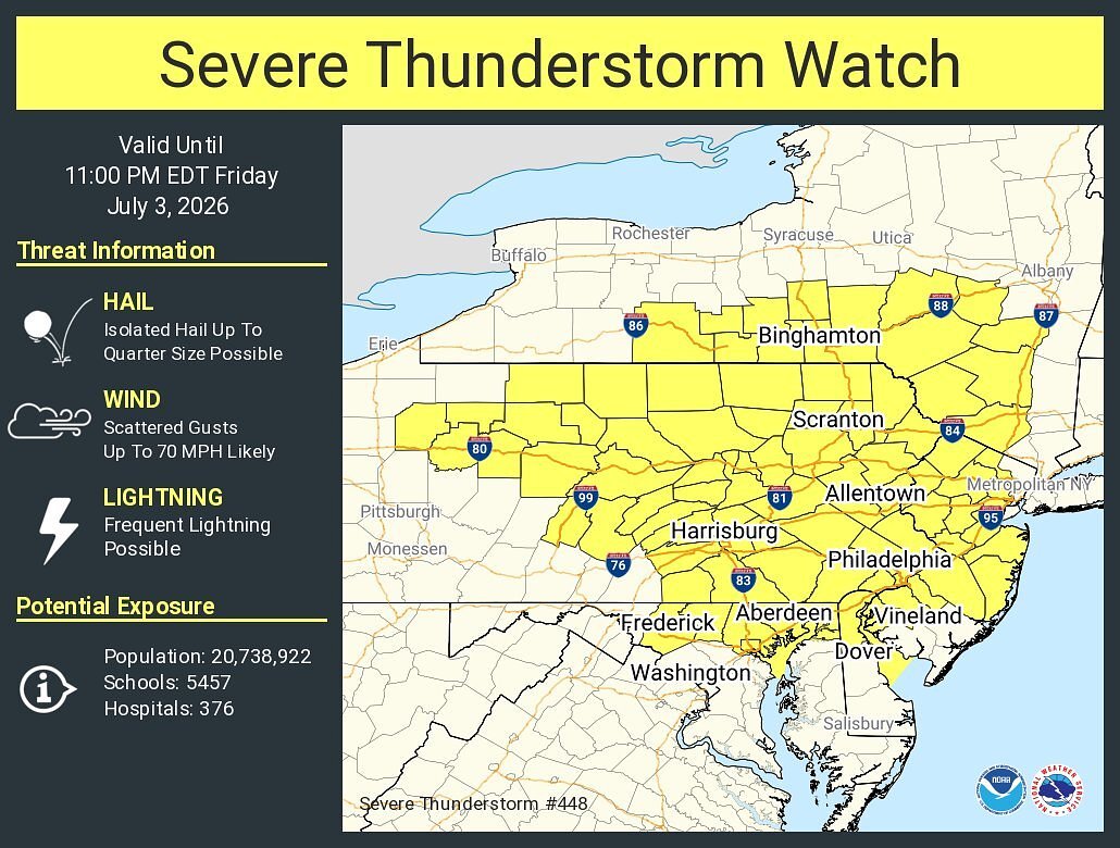 N.J. weather: Severe thunderstorm watch issued for 16 counties. Strong storms, damaging winds possible.