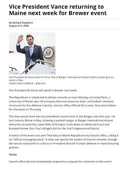 Vice President Vance returning to Maine next week for Brewer event