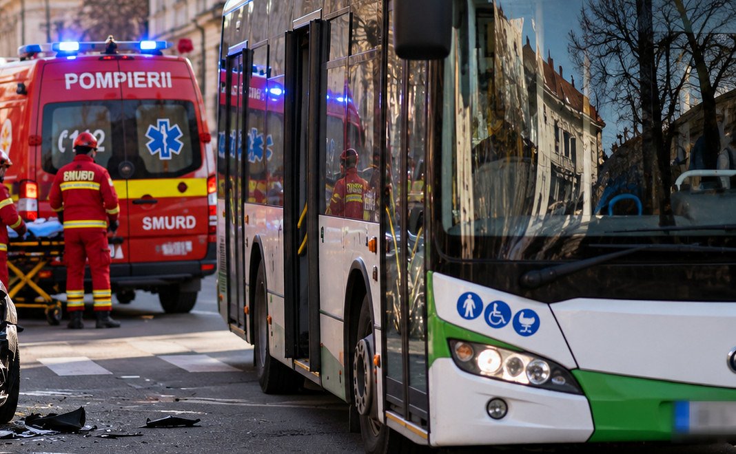 Accident în Sibiu după ce o mașină i-a tăiat calea unui autobuz: o pasageră a căzut și s-a rănit