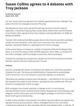 Susan Collins agrees to 4 debates with Troy Jackson