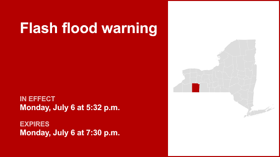 Update: Allegany County placed under a flash flood warning Monday evening triggered by thunderstorms