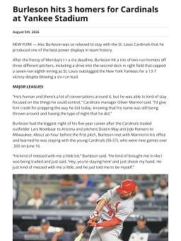 Burleson hits 3 homers for Cardinals at Yankee Stadium