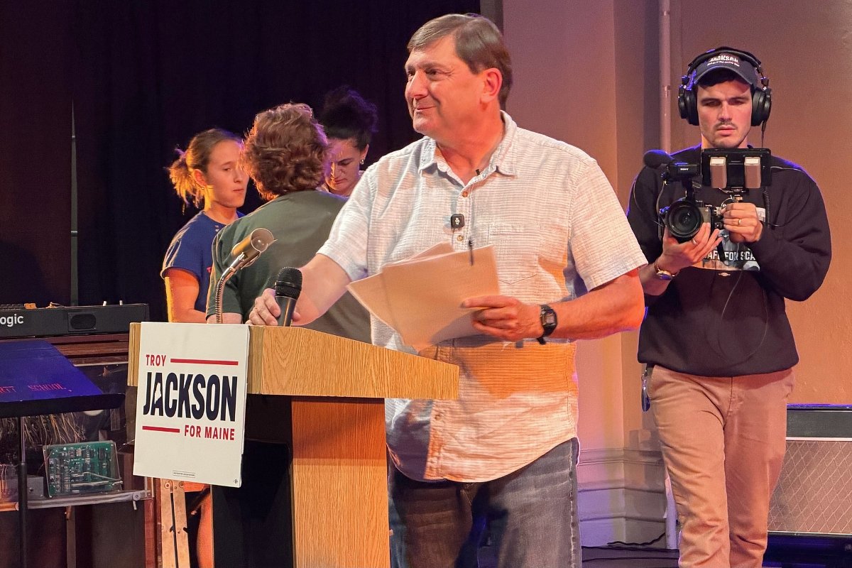 Troy Jackson fires up supporters and faces questions at Lewiston town hall