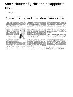 Son’s choice of girlfriend disappoints mom
