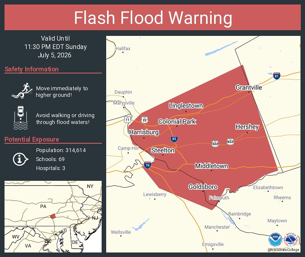 Flash flood warning issued for Dauphin, Cumberland, York counties