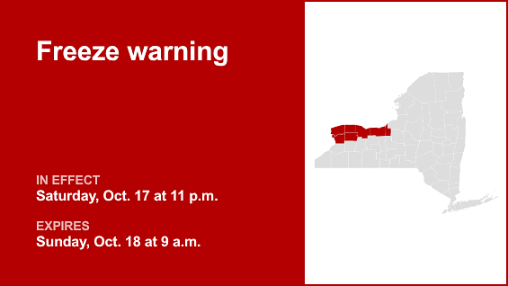 Western NY, Finger Lakes placed under a freeze warning until Sunday morning
