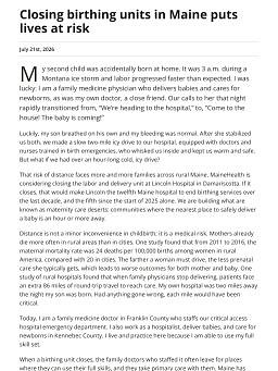 Closing birthing units in Maine puts lives at risk