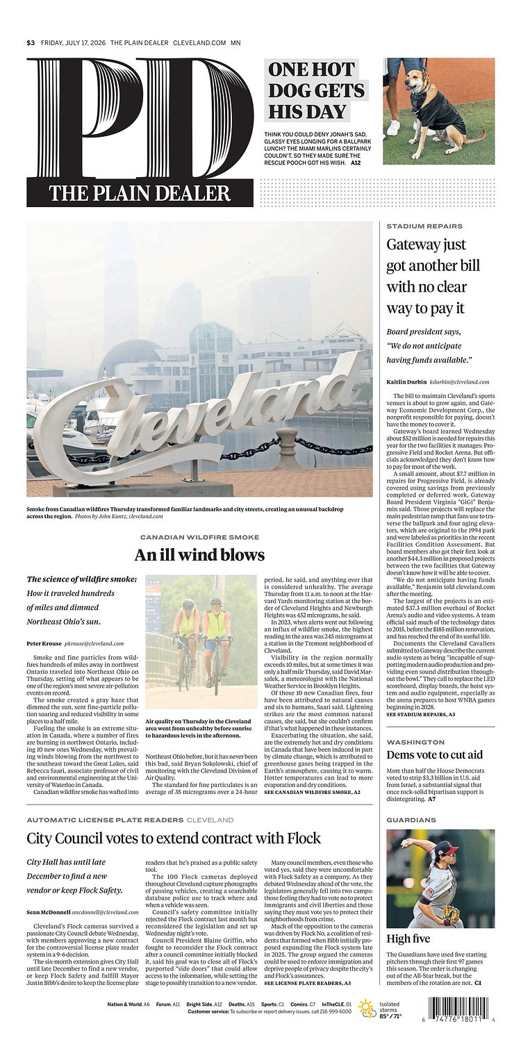 The Plain Dealer’s front page for July 17, 2026