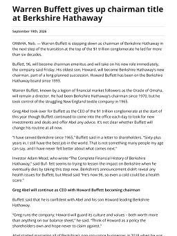 Warren Buffett gives up chairman title at Berkshire Hathaway