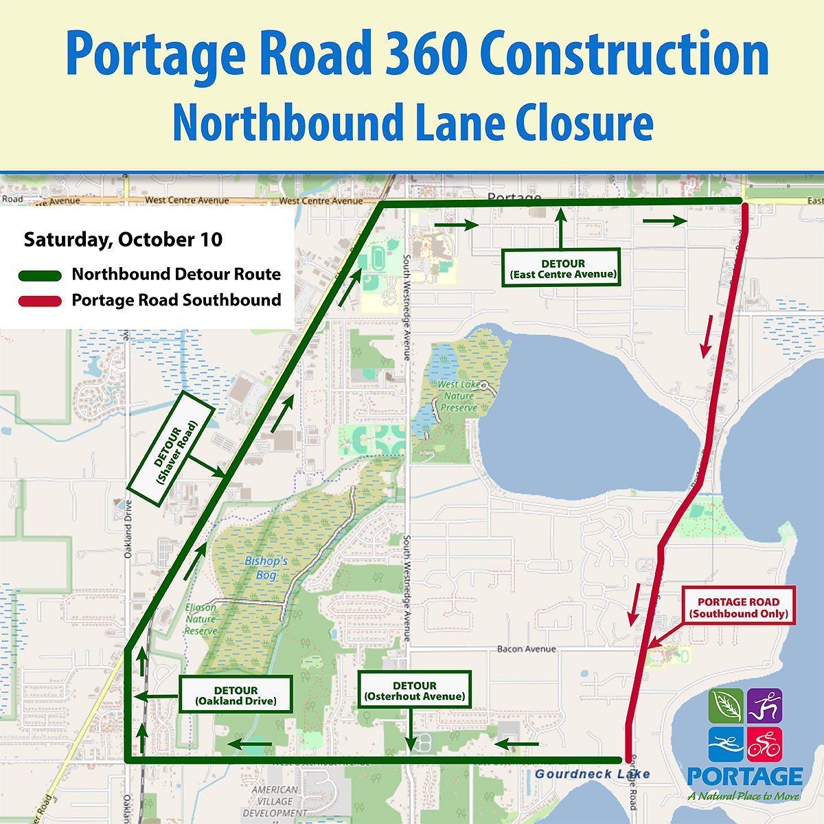 Road closure and detours in Portage this weekend