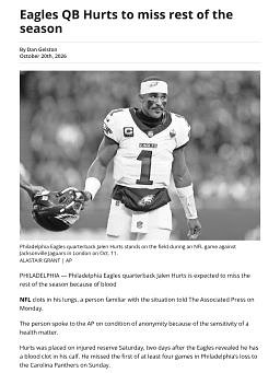 Eagles QB Hurts to miss rest of the season