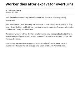 Worker dies after excavator overturns