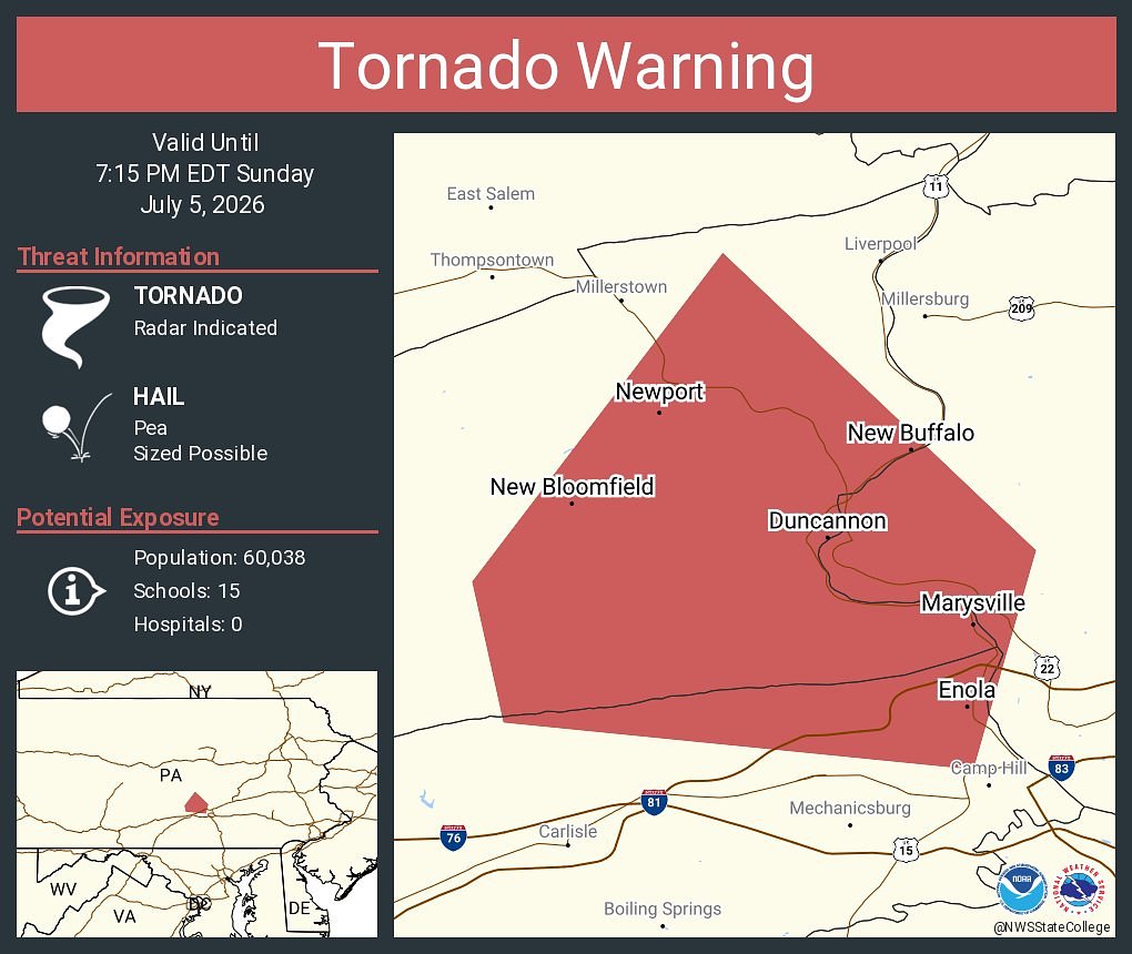 Tornado warning issued for parts of Cumberland, Dauphin and Perry counties