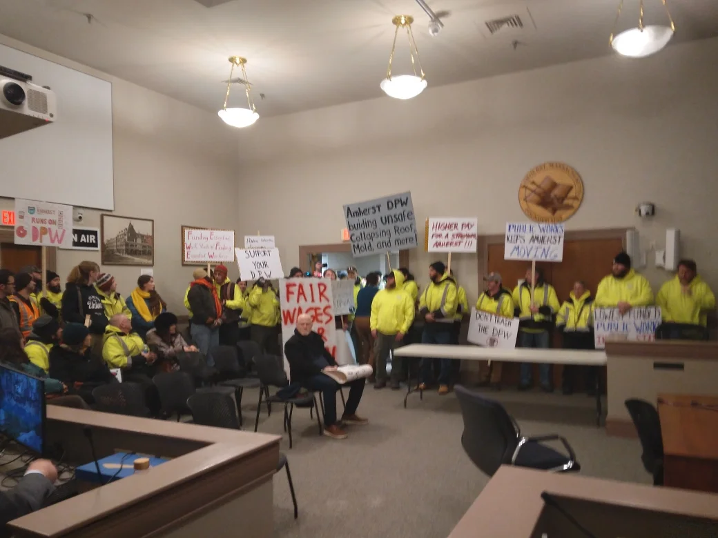 ‘It’s time the town cared about us’: Amherst DPW workers cite poor conditions, low pay at public meeting, rally