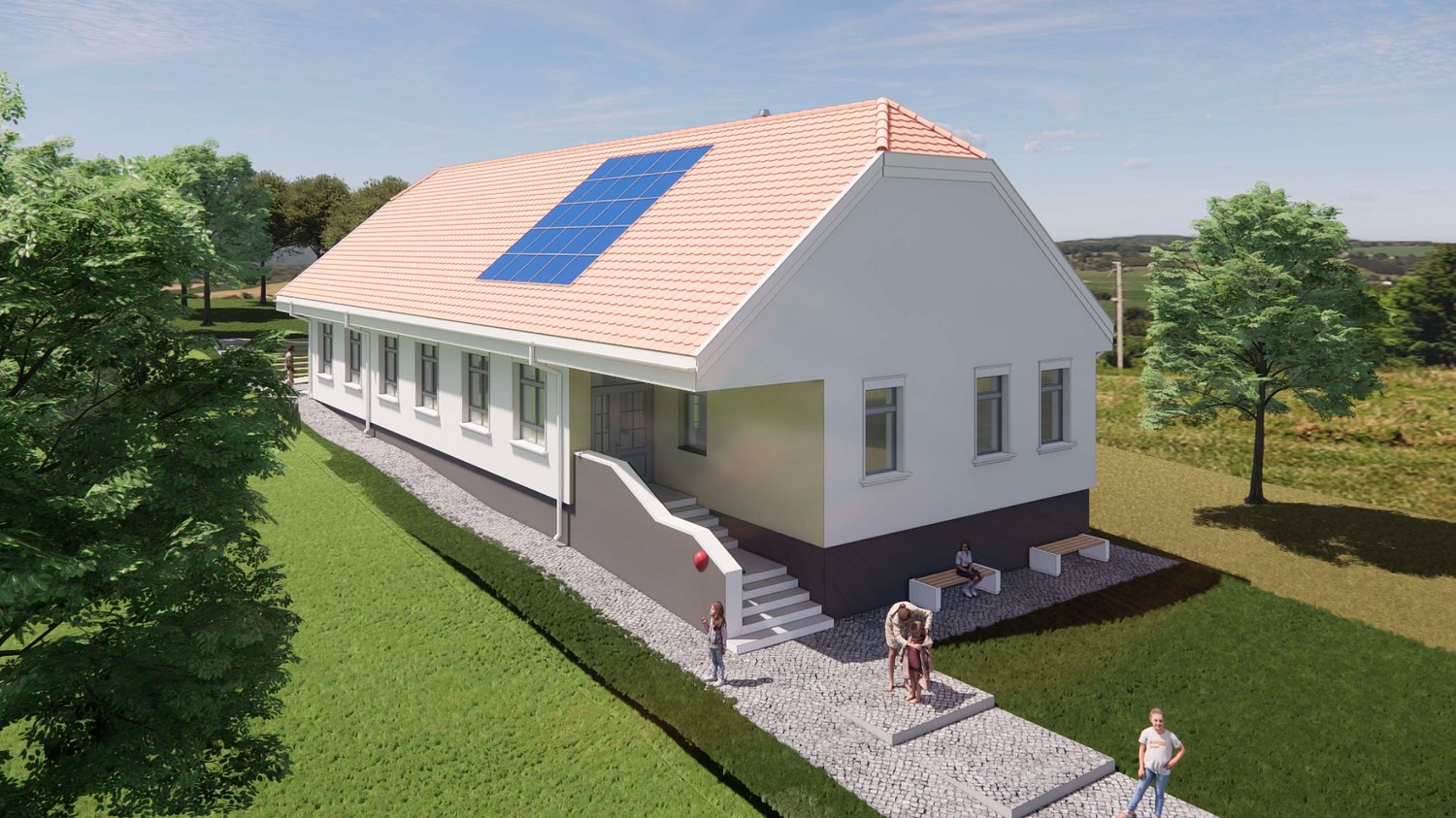 Grădiniță modernă, cu panouri fotovoltaice și loc de joacă pentru copii într-un sătuc din județul Sibiu