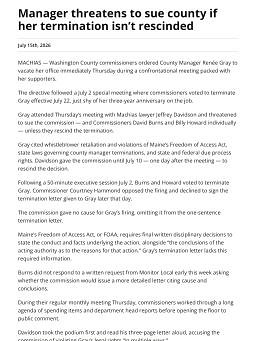 Manager threatens to sue county if her termination isn’t rescinded