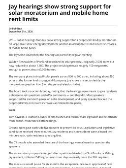 Jay hearings show strong support for solar moratorium and mobile home rent limits