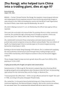 Zhu Rongji, who helped turn China into a trading giant, dies at age 97