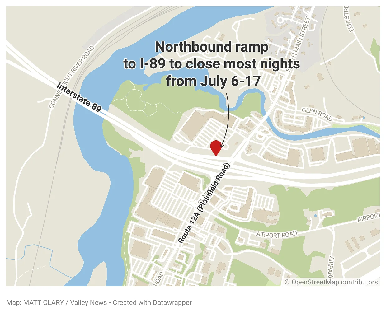 I-89 northbound ramp at Exit 20 closing for drainage work
