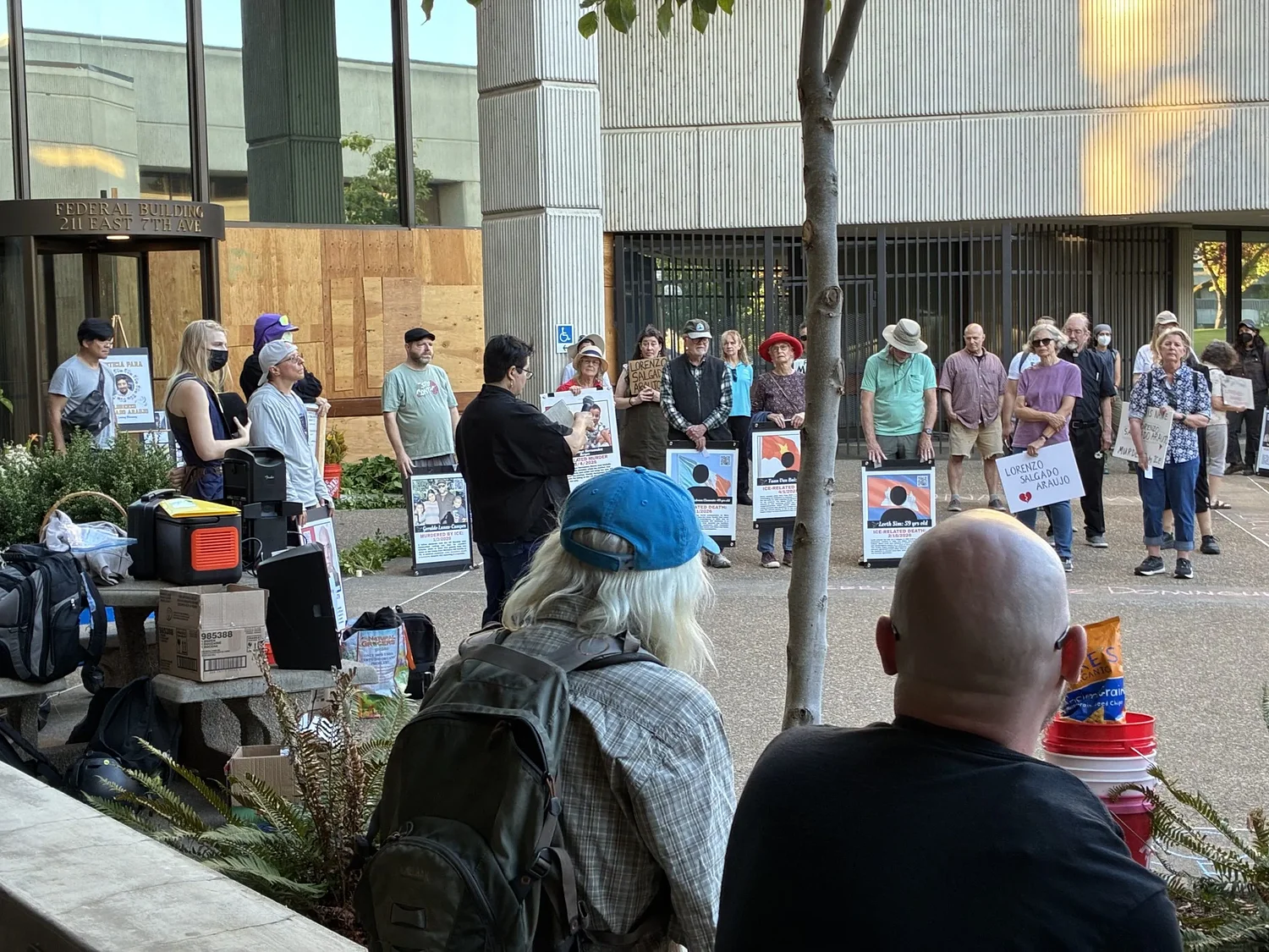 Crowd gathers in newly opened federal building plaza to honor man killed by ICE in Texas