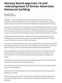 Norway board approves 14-unit redevelopment of former Advertiser Democrat building