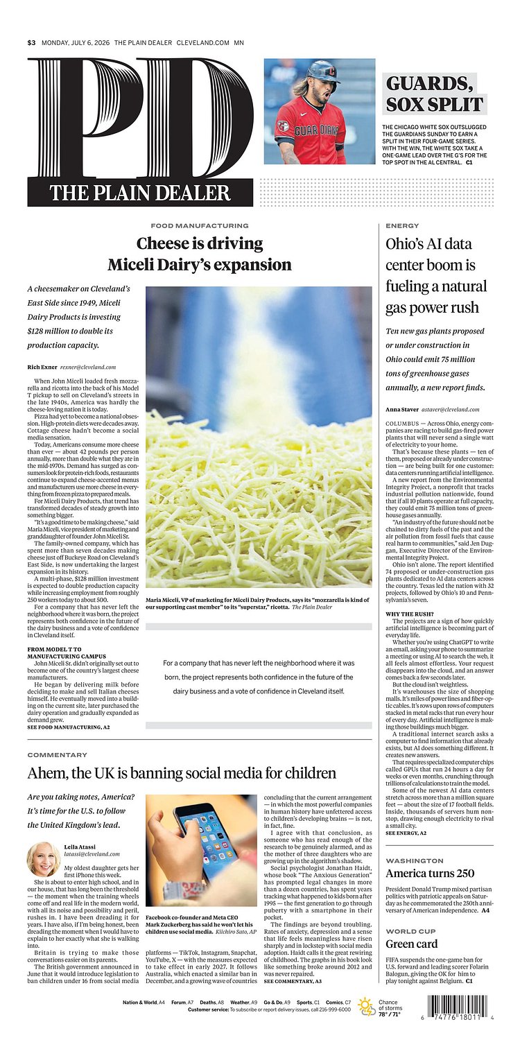The Plain Dealer’s front page for July 6, 2026