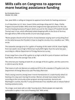 Mills calls on Congress to approve more heating assistance funding