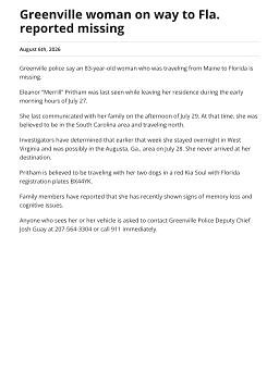 Greenville woman on way to Fla. reported missing