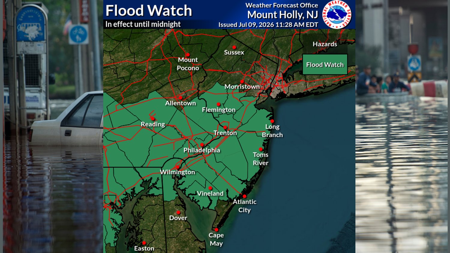 N.J. weather: Flood watch expanded to cover 12 counties. Strong thunderstorms with heavy rain expected.