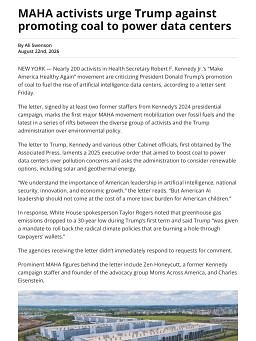 MAHA activists urge Trump against promoting coal to power data centers
