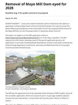 Removal of Mayo Mill Dam eyed for 2028