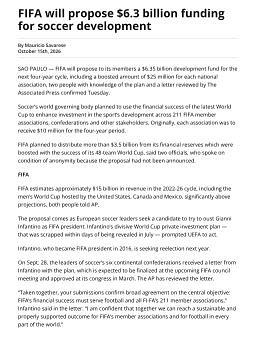 FIFA will propose $6.3 billion funding for soccer development