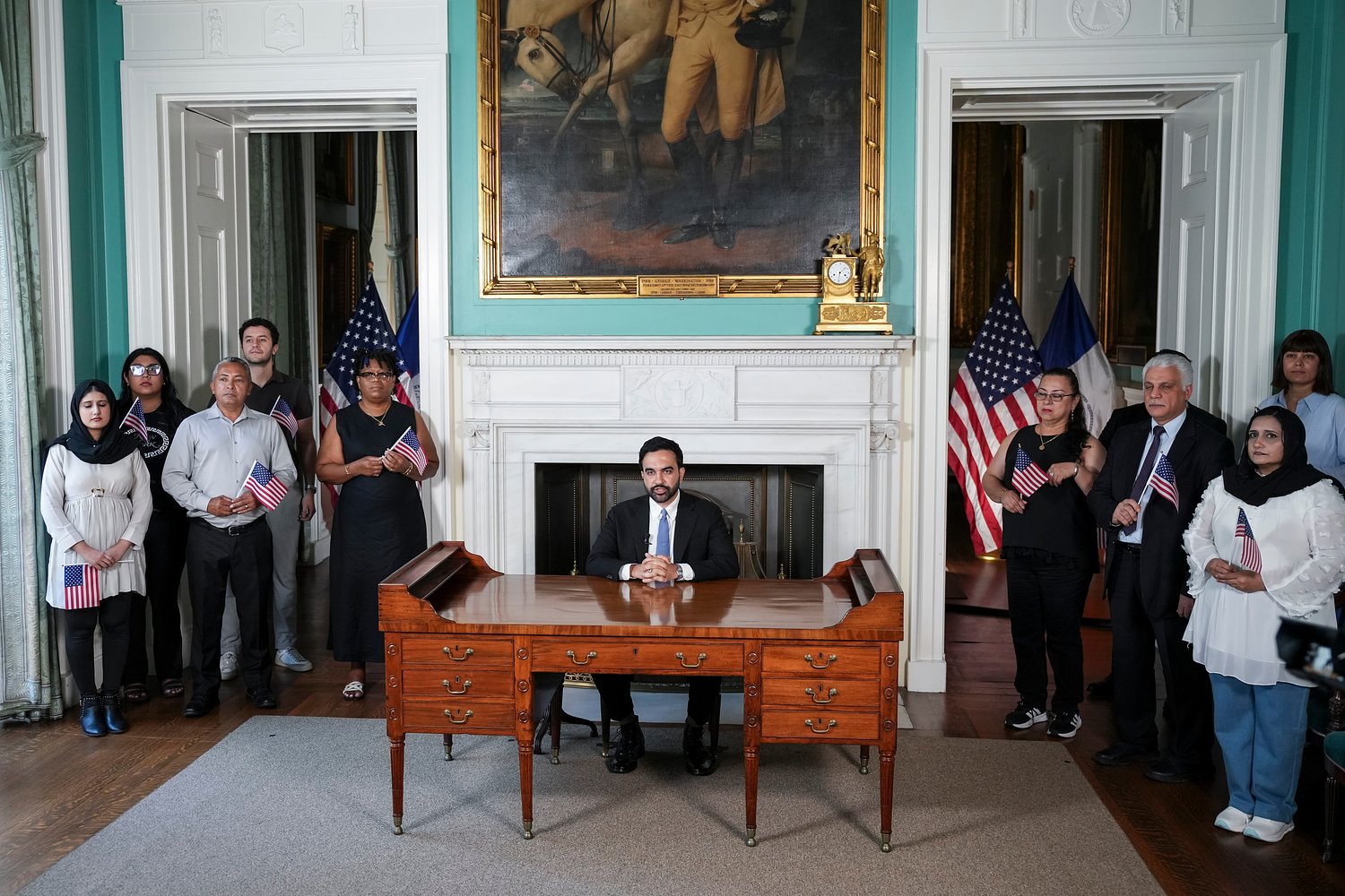 Sitting behind George Washington’s desk, NYC Mayor Mamdani delivers remarks for America’s 250th