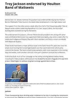 Troy Jackson endorsed by Houlton Band of Maliseets
